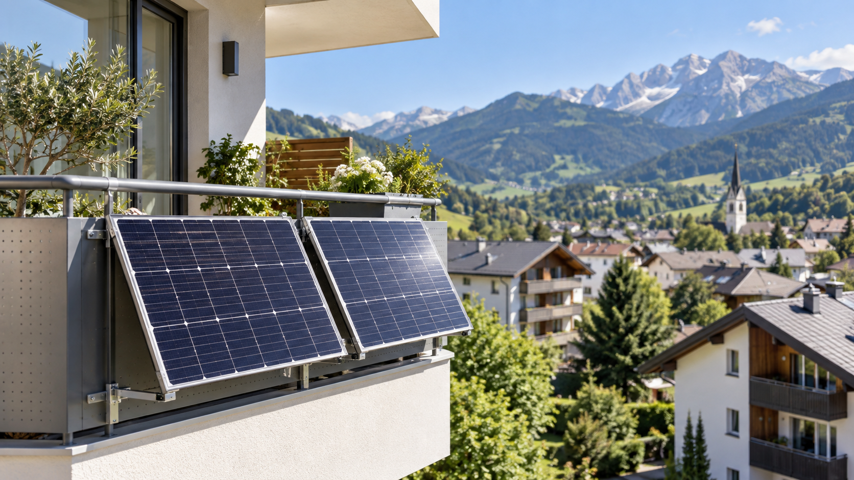 Balkonkraftwerk auf einem Balkon in Österreich mit Alpen im Hintergrund