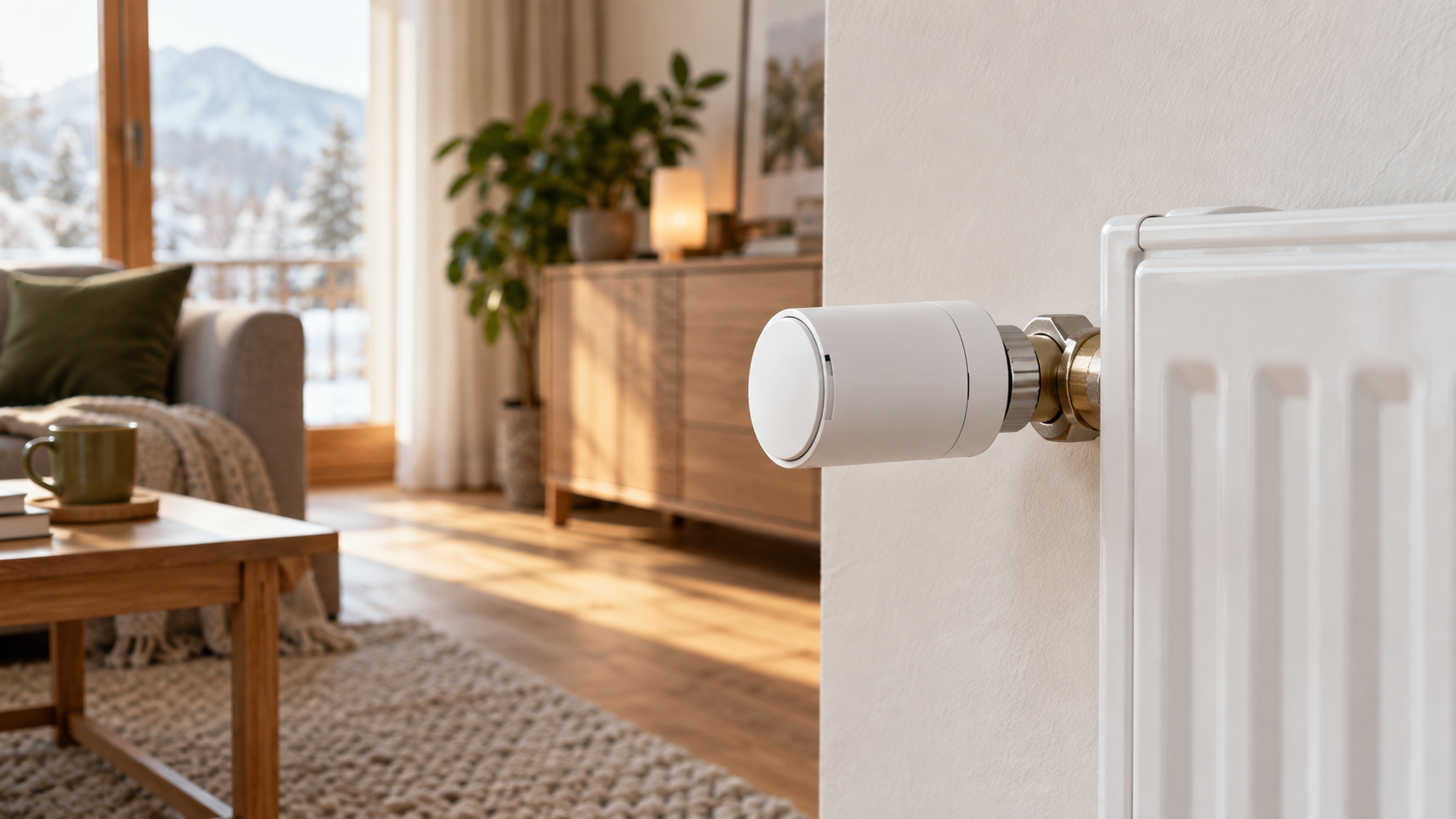 Smartes Heizkörperthermostat in einem warmen österreichischen Wohnraum